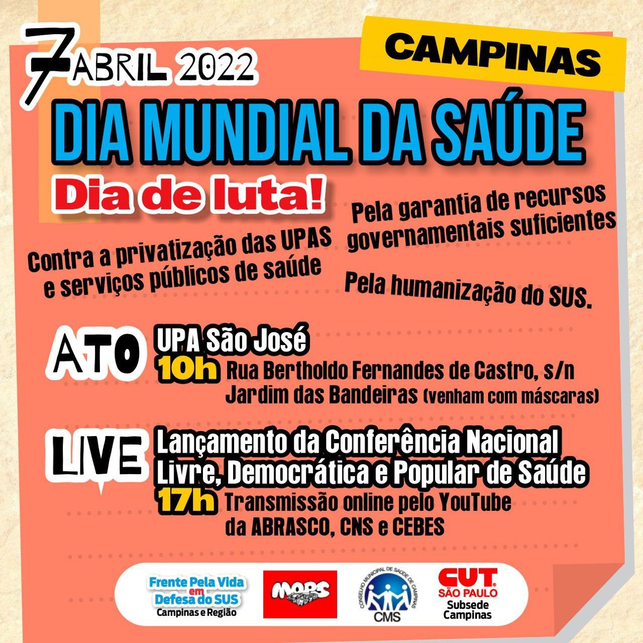 cartaz do ato de protesto pelas condições da UPA São José